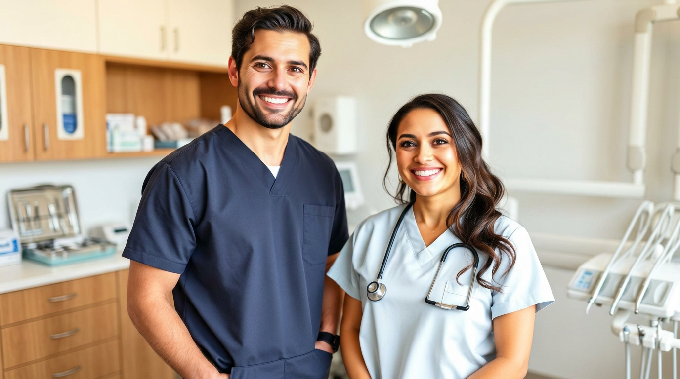 Mexican dentist and clinical assistant smiling inside a modern dental practice